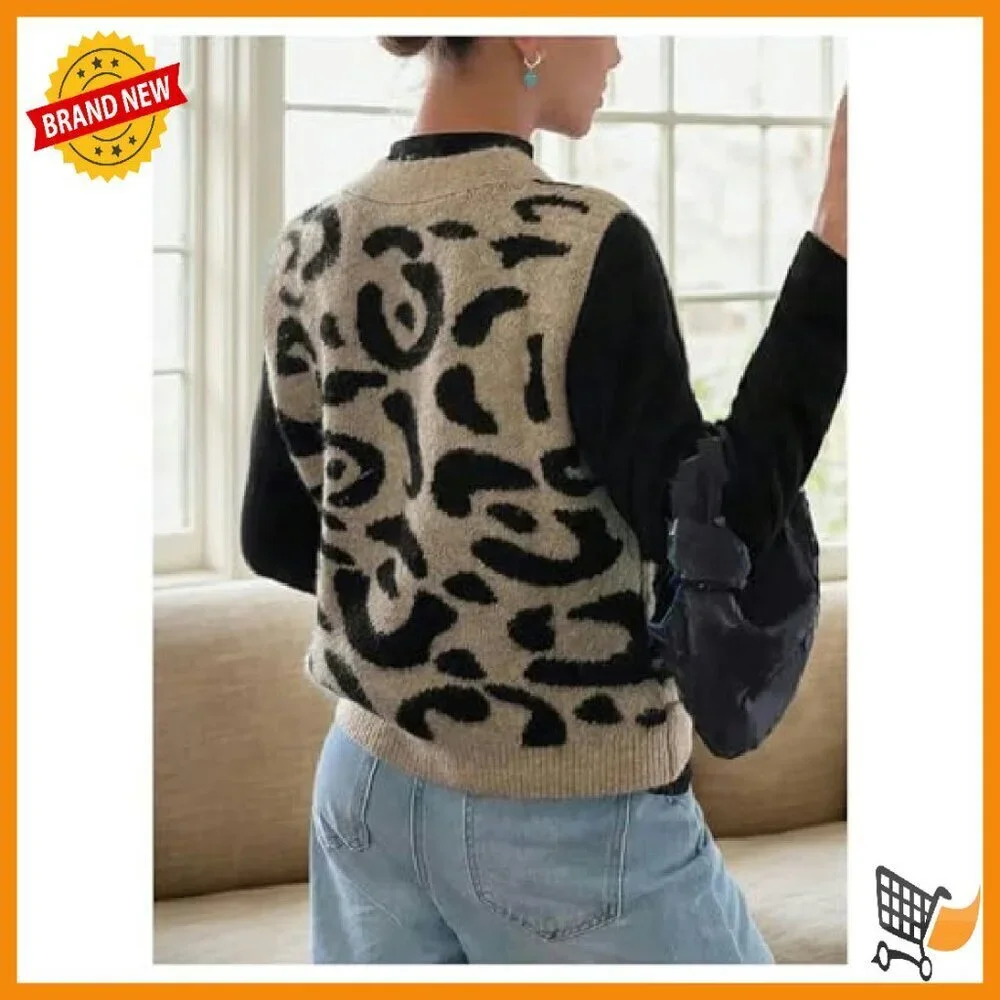 Women's Leopard Sweater Vest Button Front Sleeveless Knit Top Fall